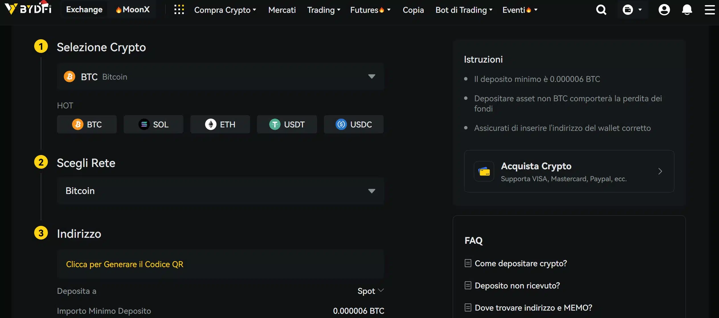 Deposito criptovalute su BYDFi