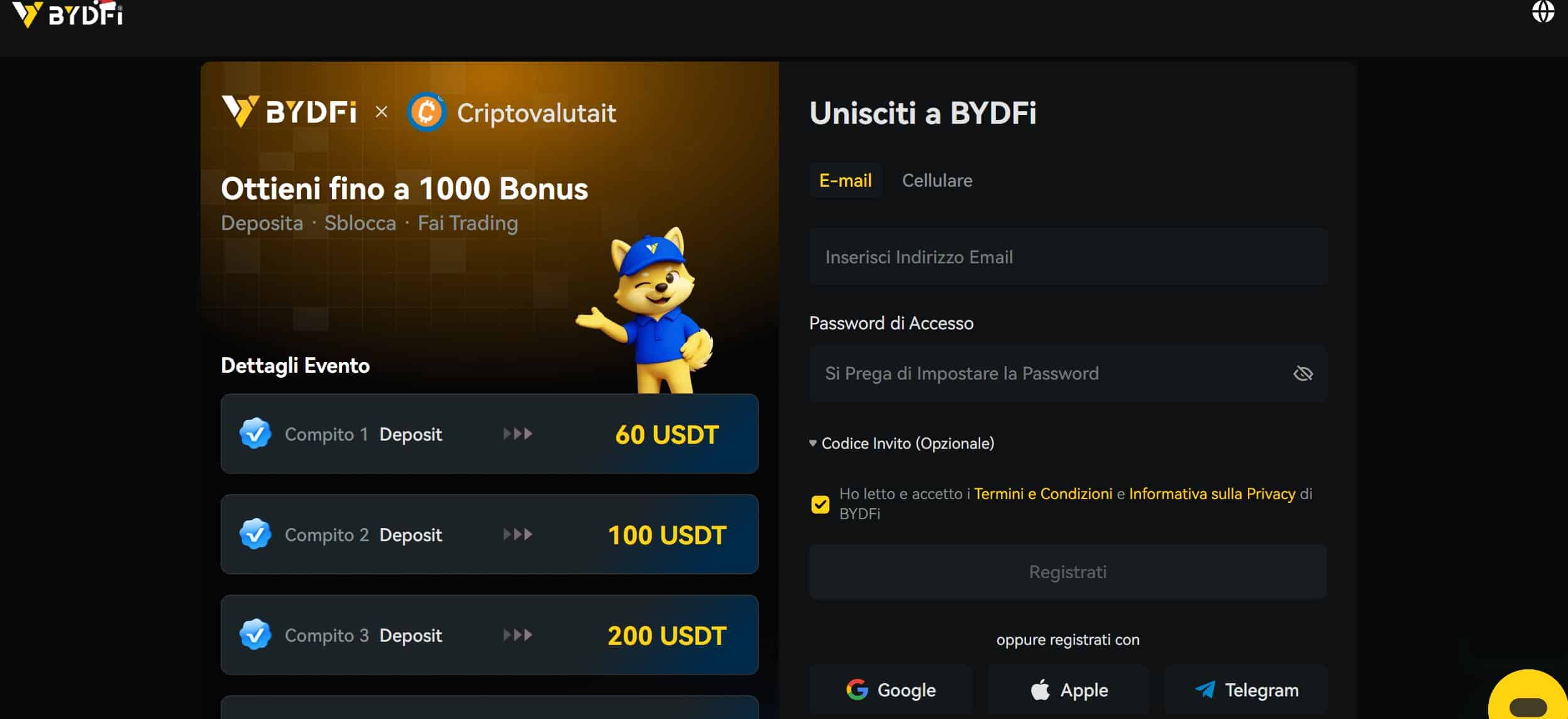 BYDFi - registrazione e login