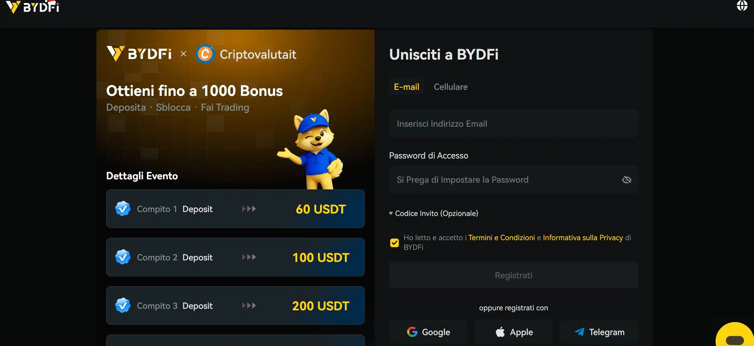 BYDFi - registrazione e login