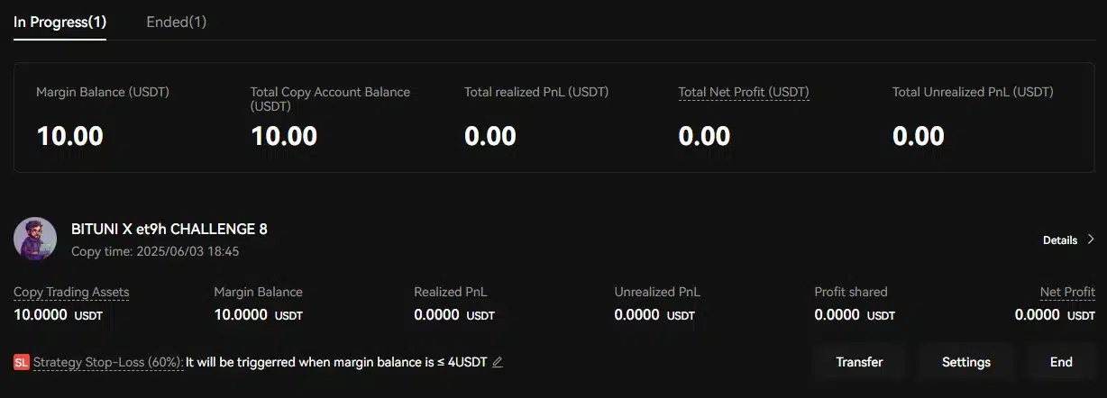 Copy Trading Bitunix - monitoraggio posizioni