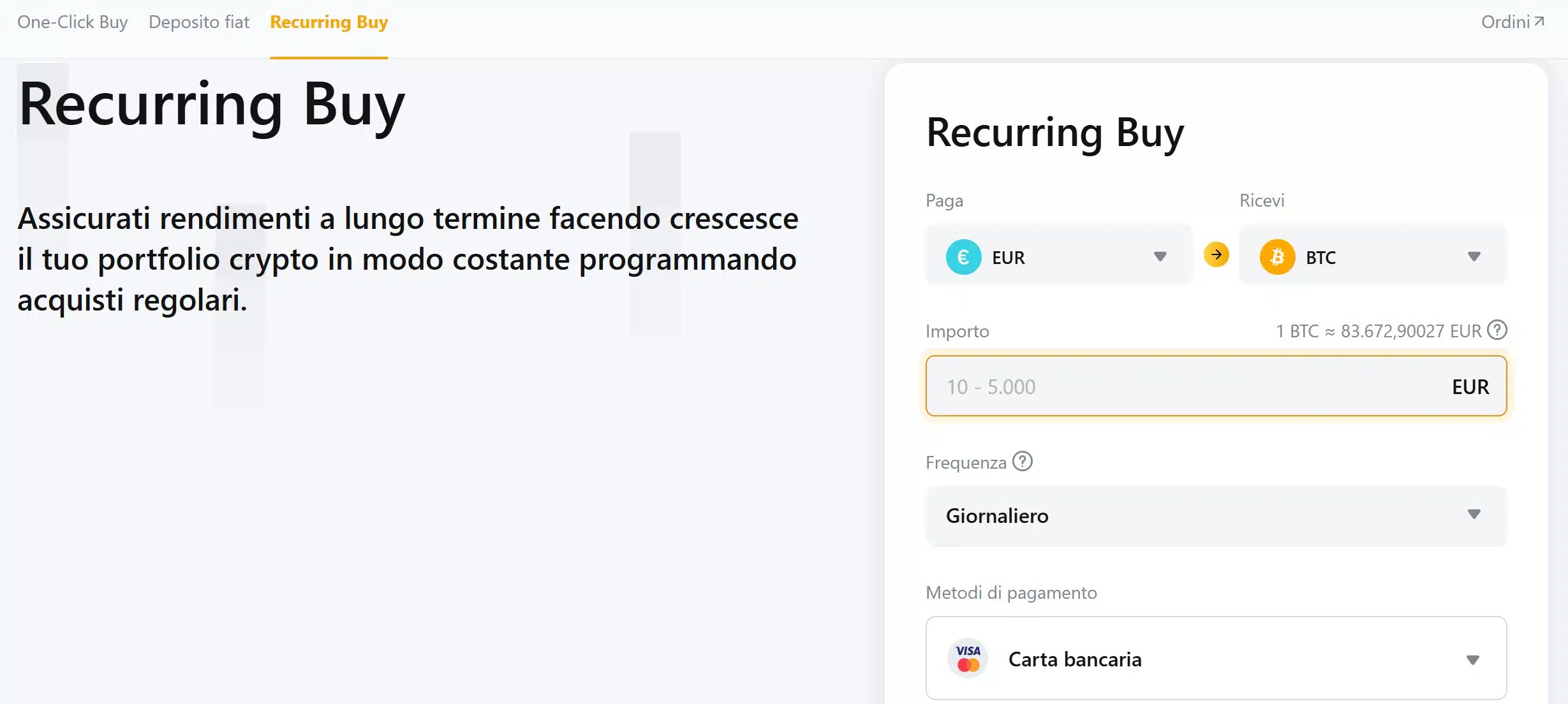 Recurring Buy Bybit - settaggio in modalità desktop