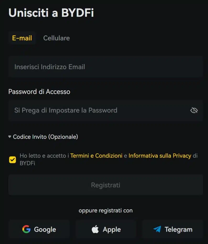 Registrazione su BYDFi per la promo bonus di benvenuto