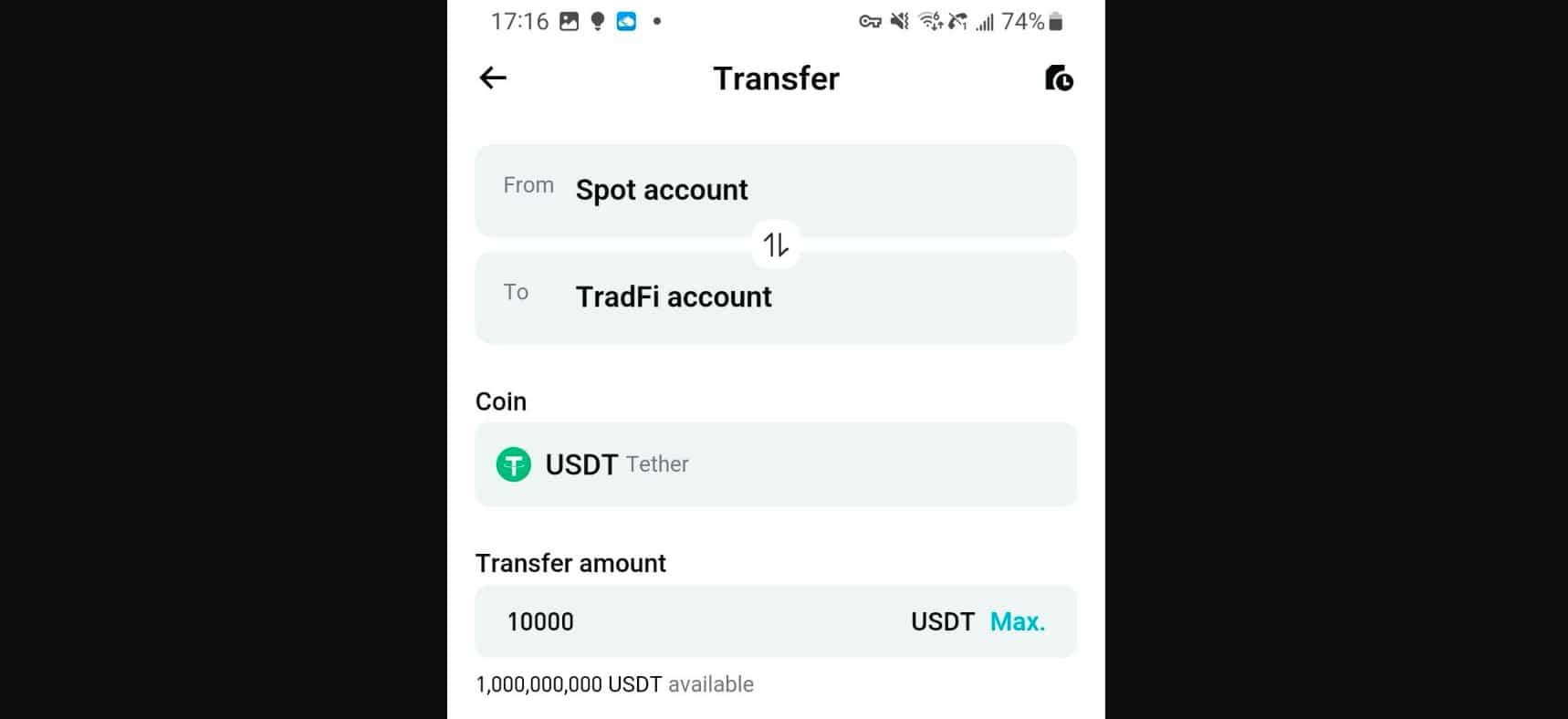 Trasferimento fondi da Spot Account a TradFi Bitget account