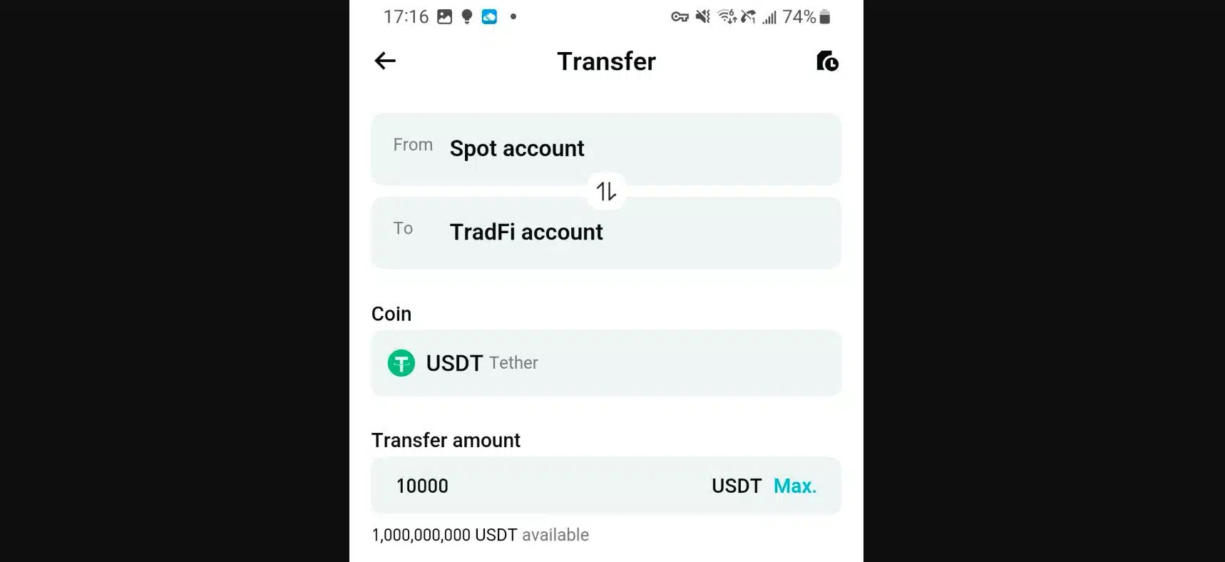 Trasferimento fondi da Spot Account a TradFi Bitget account