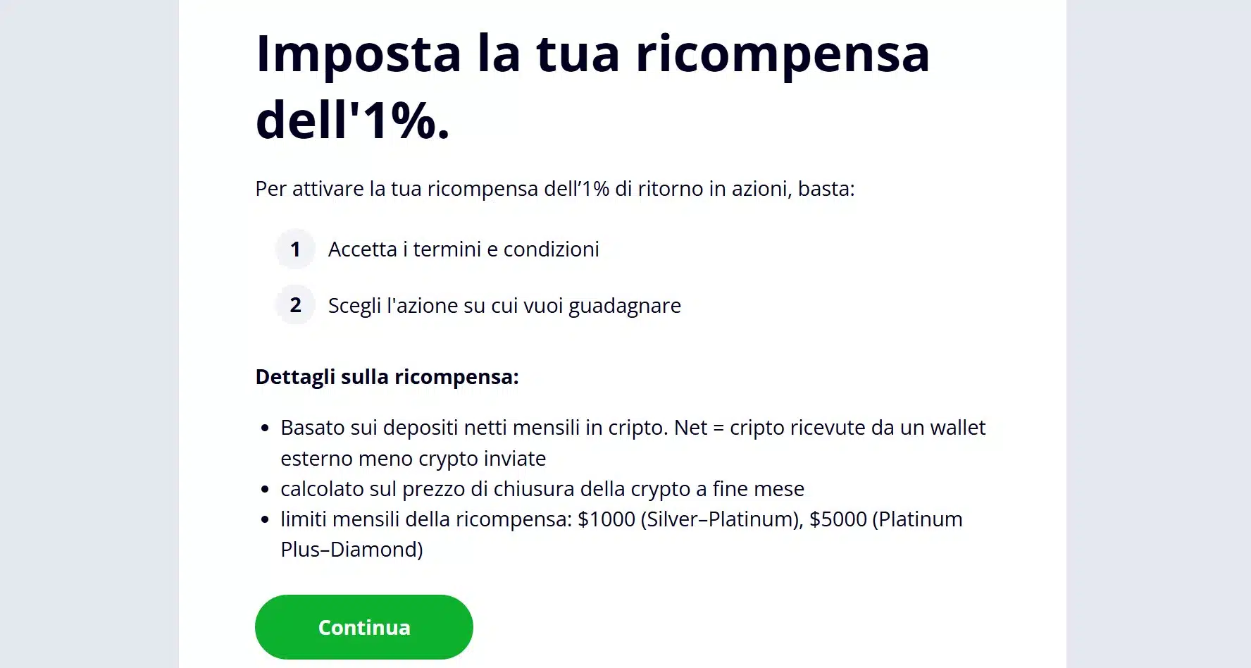 Scelta ricompensa eToro 1% in azioni sui depositi crypto