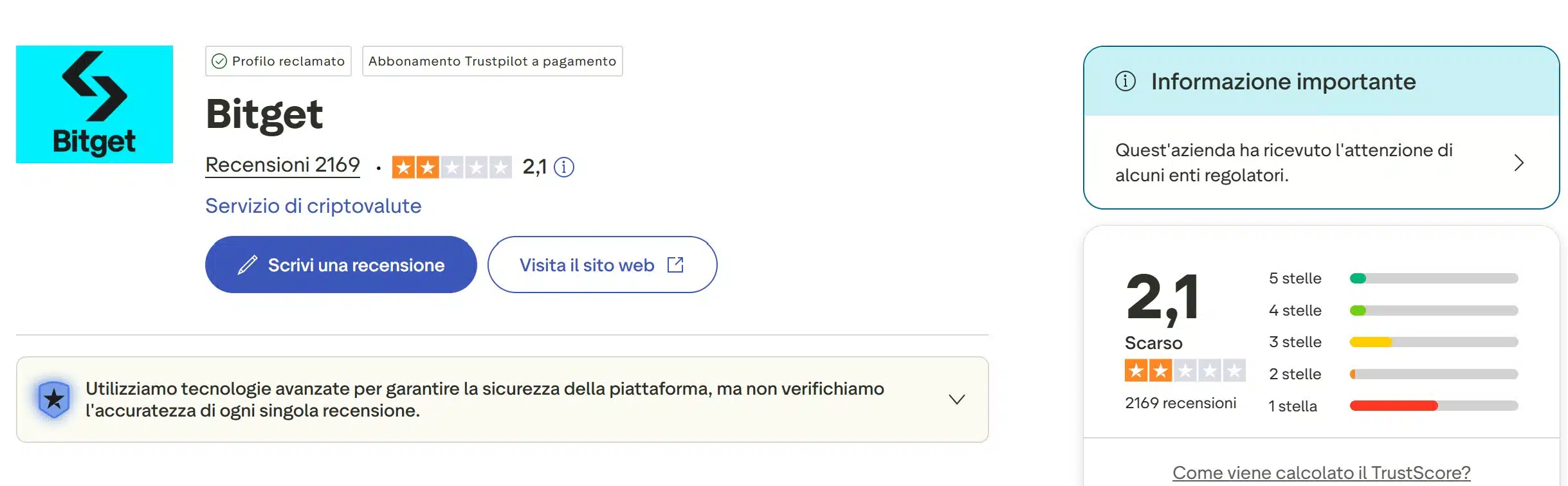 Bitget su TrustPilot - recensioni positive e negative