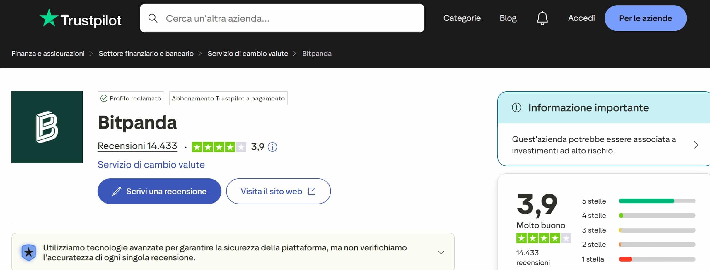 Bitpanda su TrustPilot - recensioni positive e negative
