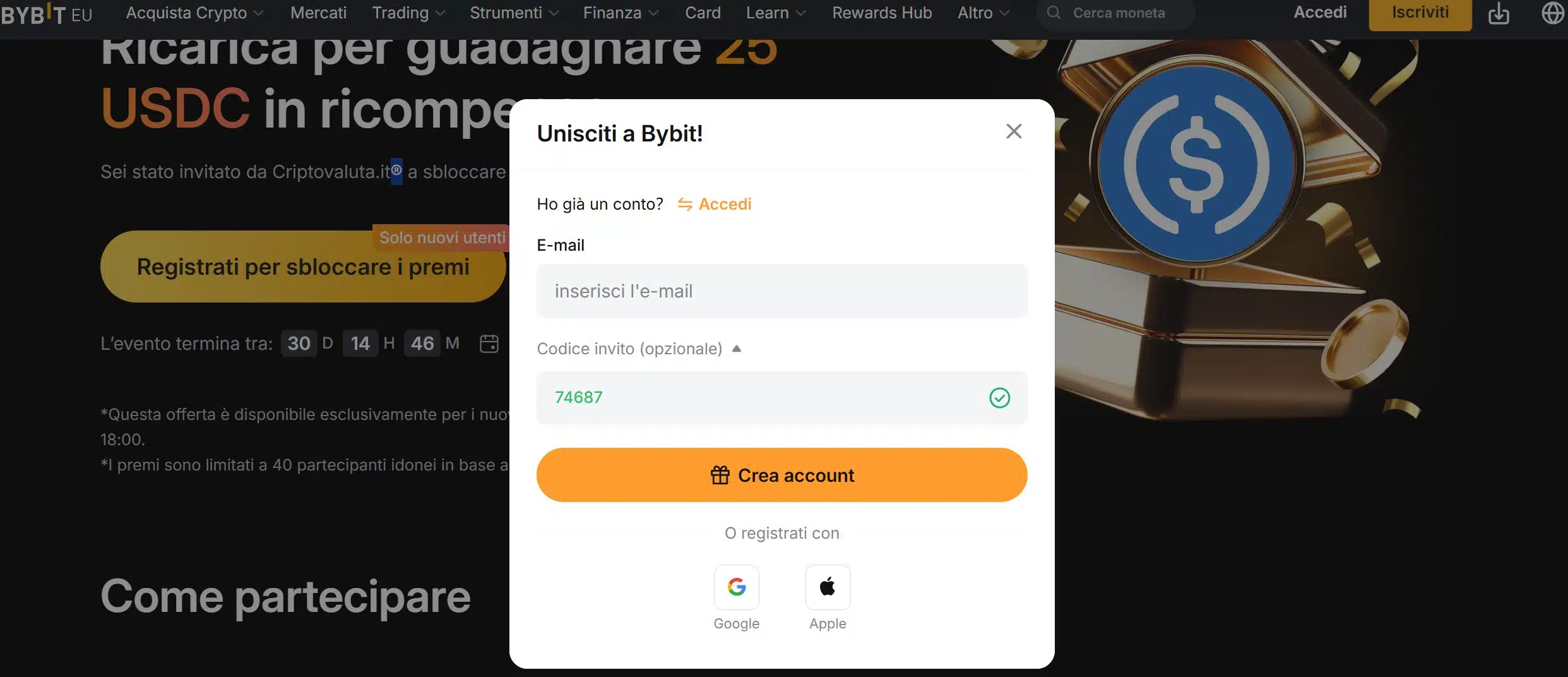 Bybit bonus promo 25 USDC - registrazione per l'accesso