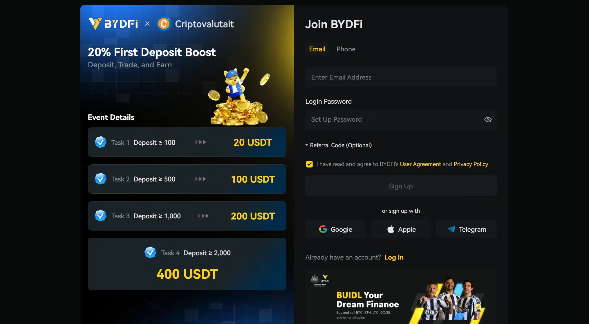 BYDFi bonus 20% deposito