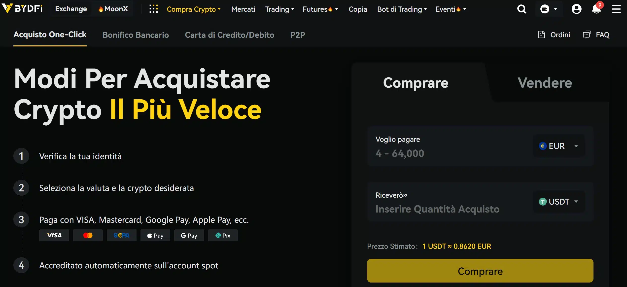 Depositare fondi per il BYDFi Copy Trading