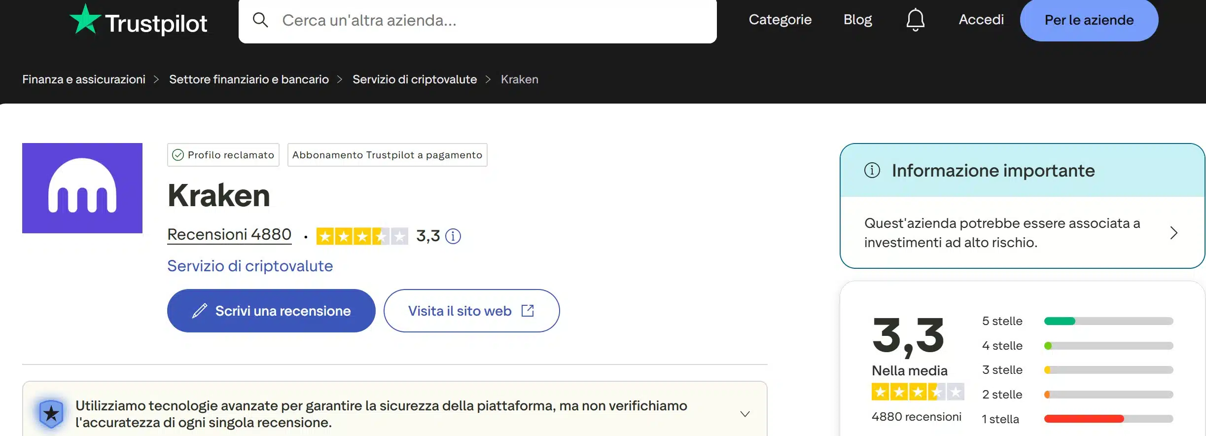 Kraken TrustPilot - recensioni positive e negative