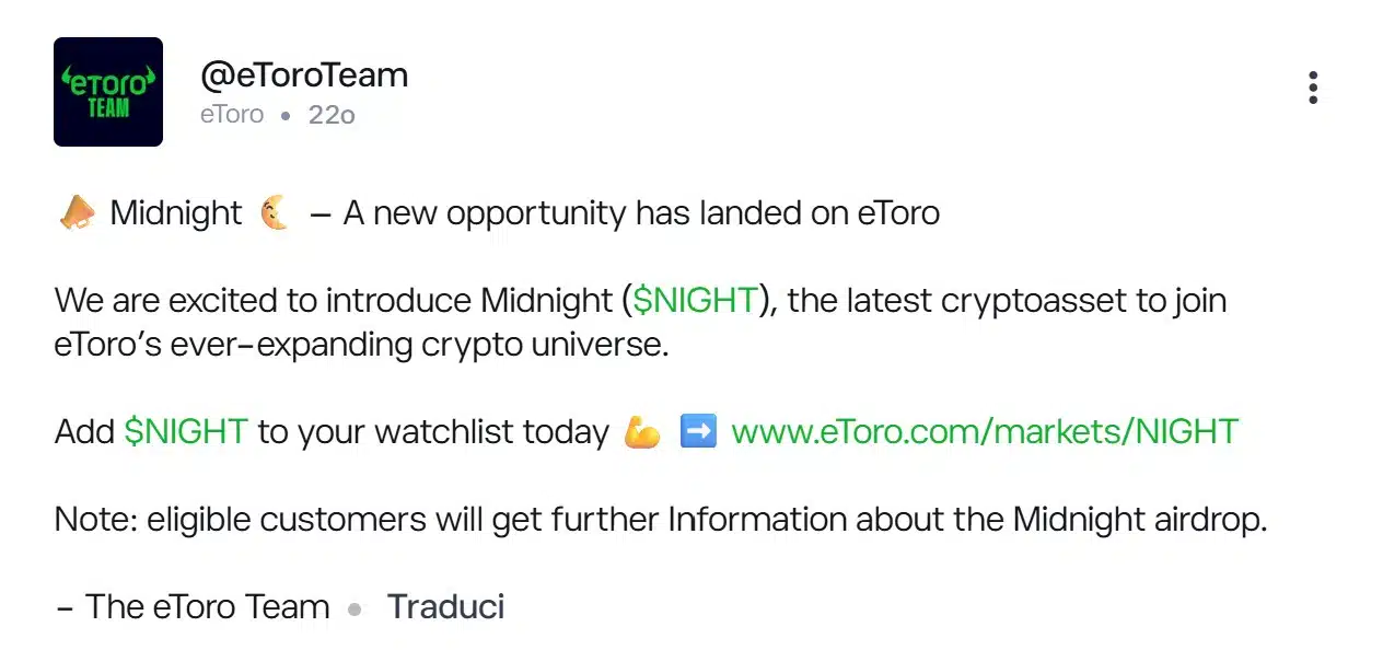 Minuit ($NUIT) LANDS sur eToro : détails de la liste des crypto-monnaies - La Crypto Monnaie