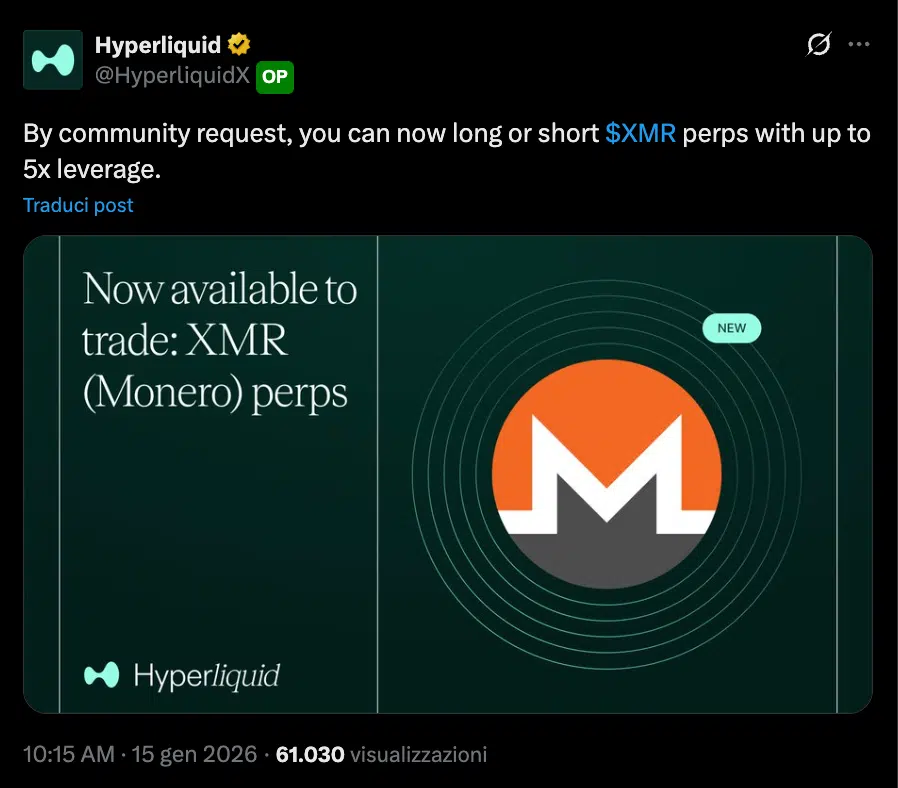 Monero listing Hyperliquid