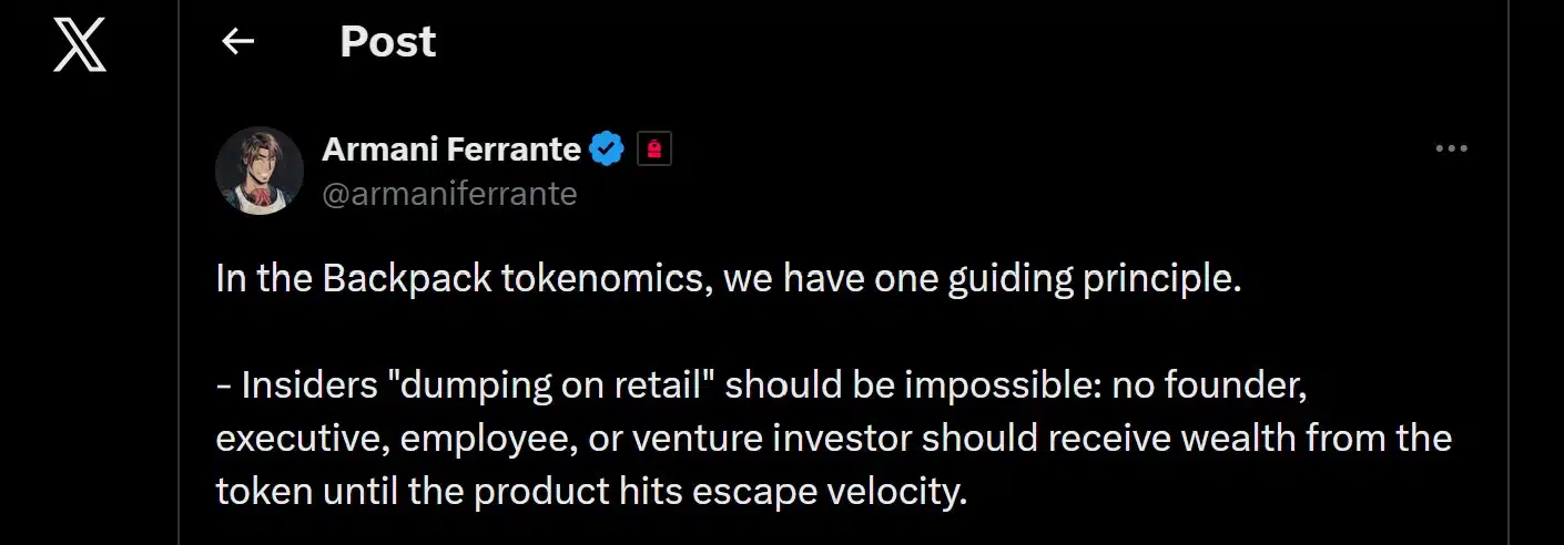 Armani Ferrante sulla Tokenomics di Backpack
