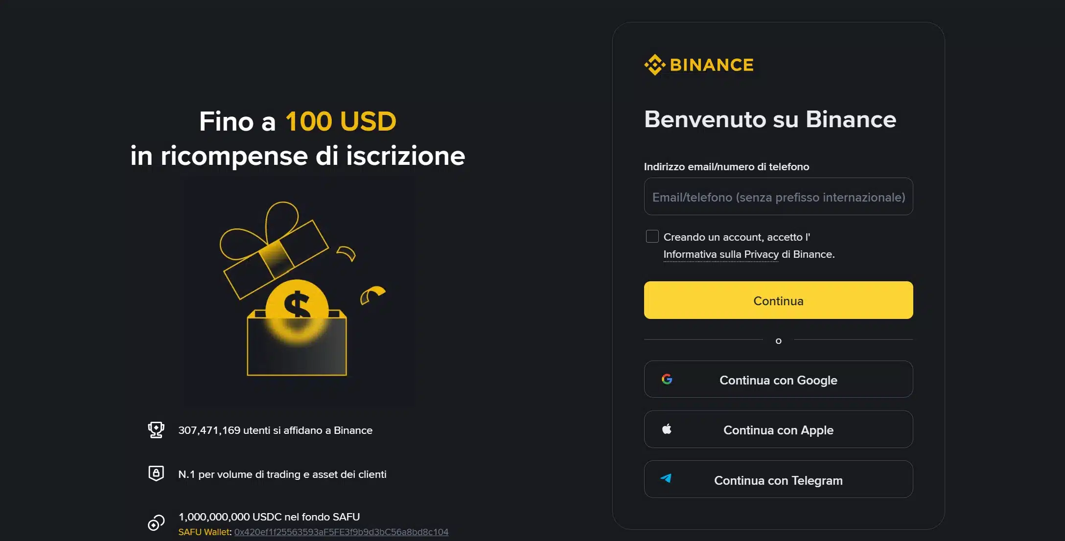 Binance exchange - registrazione