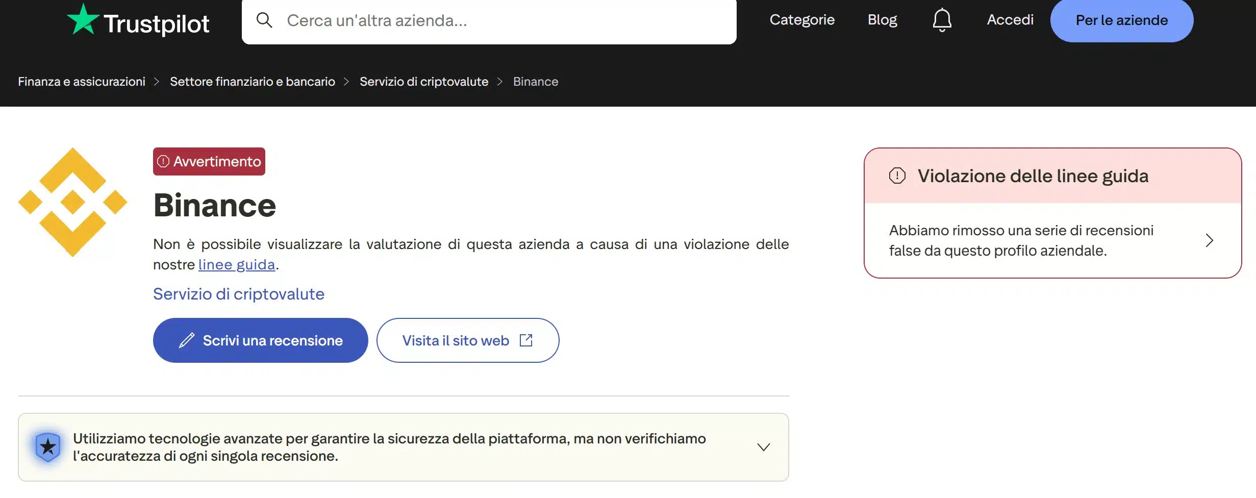 Binance su TrustPilot - recensioni positive e negative