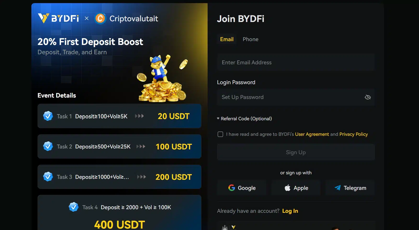 BYDFi cashback crypto bonus - registrazione