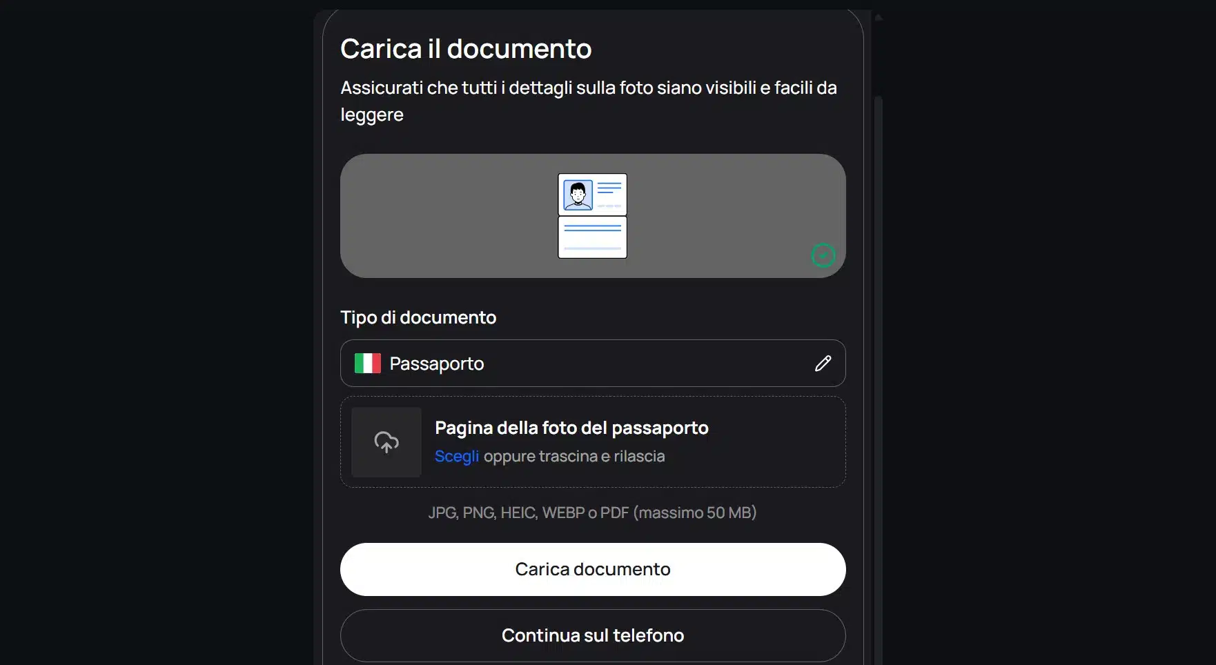 Caricamento documento KYC Backpack