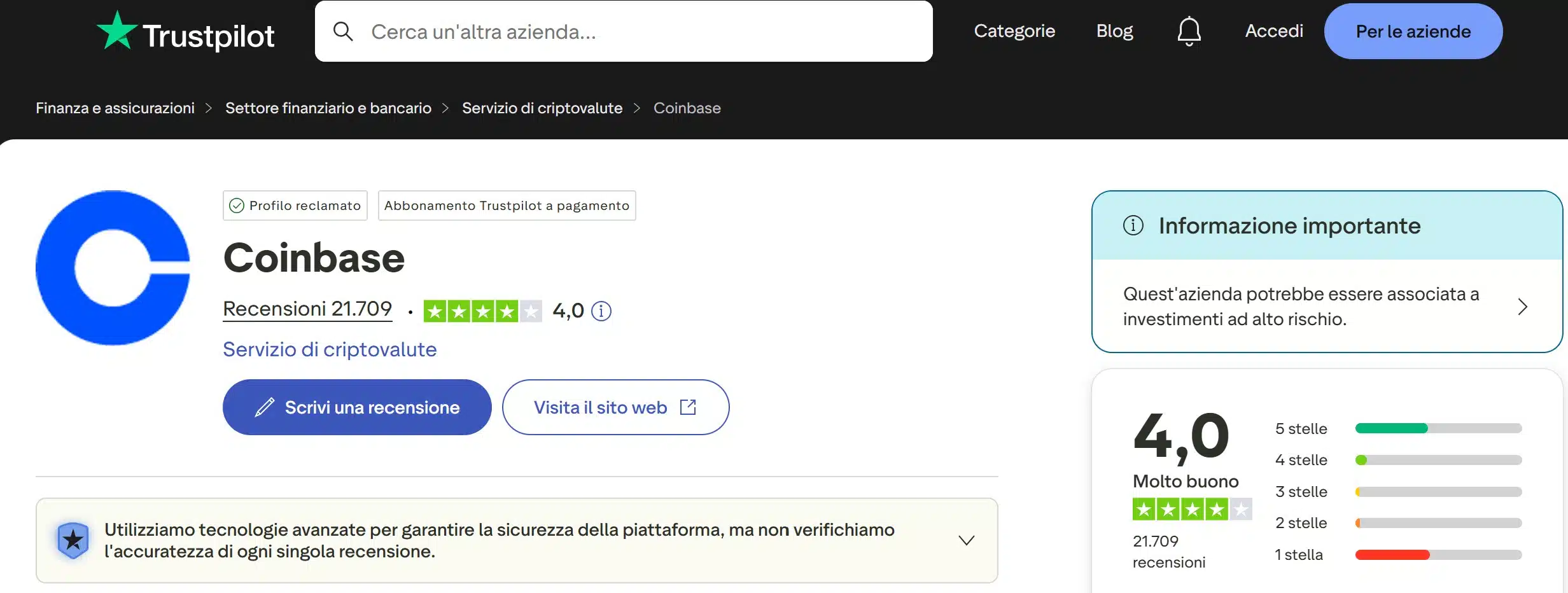 Coinbase su TrustPilot - recensioni positive e negative