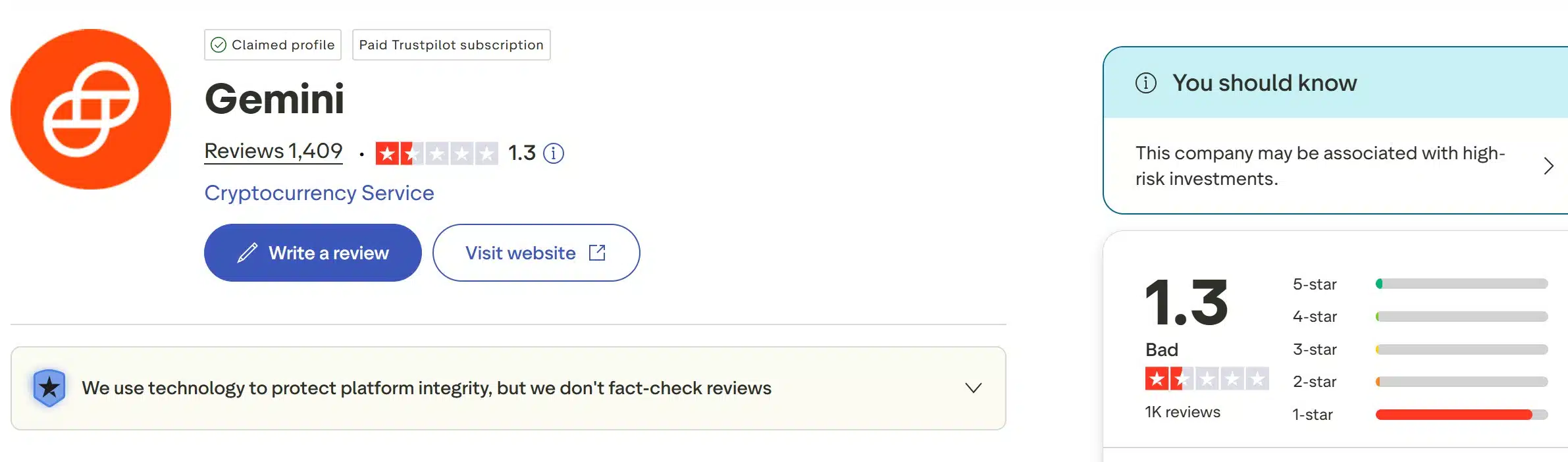 Gemini su TrustPilot - recensioni positive e negative