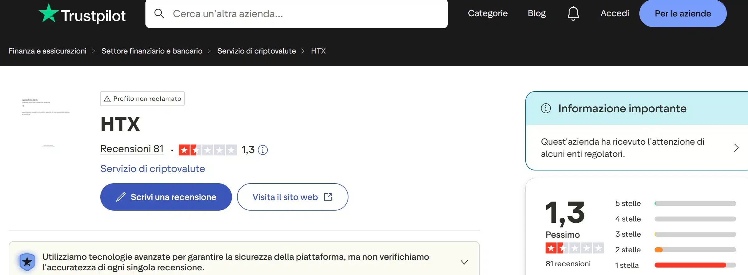 HTX exchange su TrustPilot - recensioni positive e negative