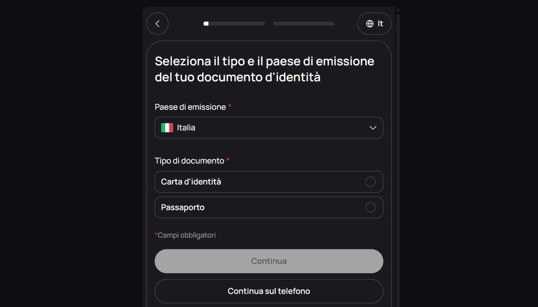Selezione documento di riconoscimento KYC Backpack