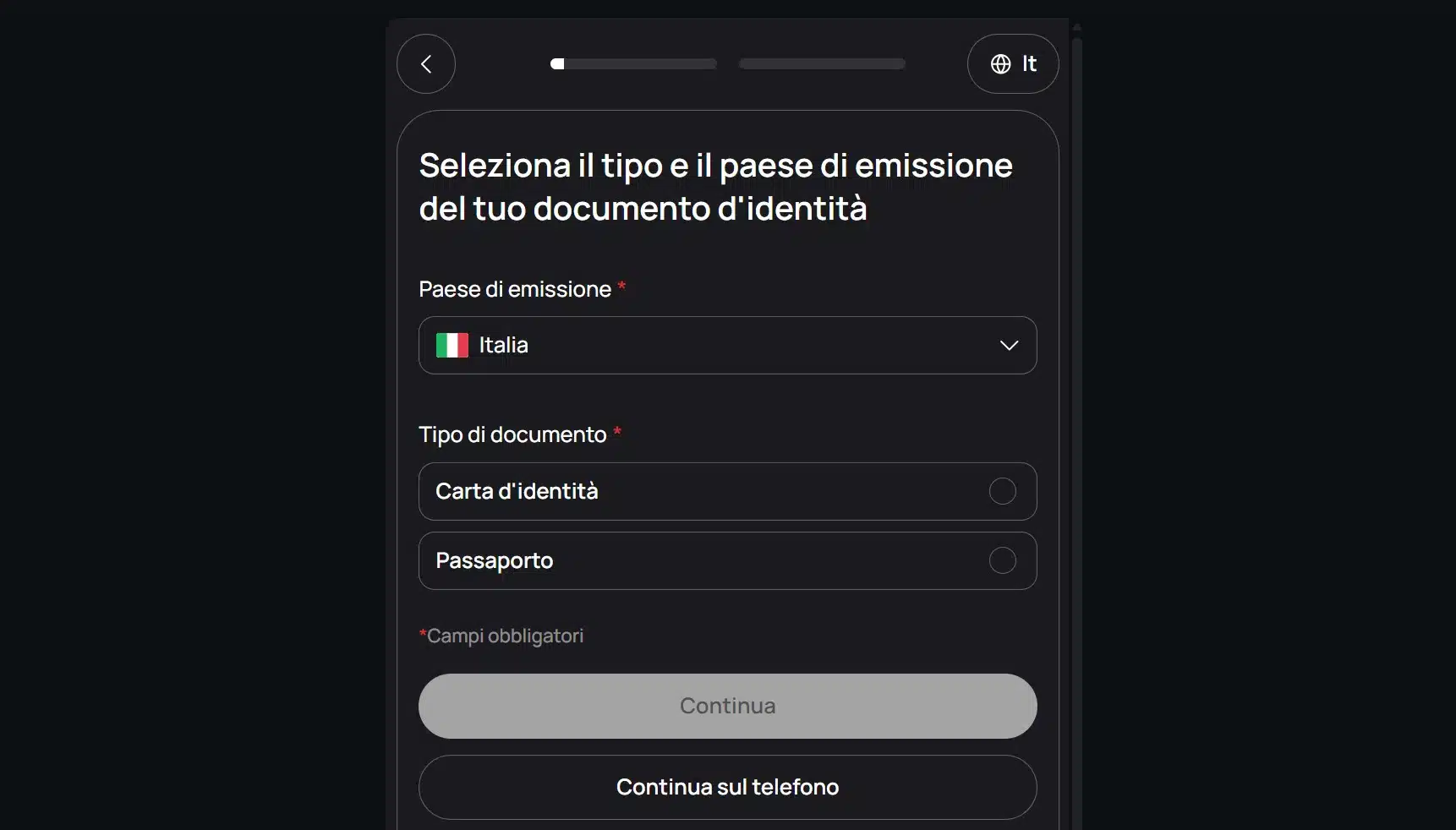 Selezione documento di riconoscimento KYC Backpack