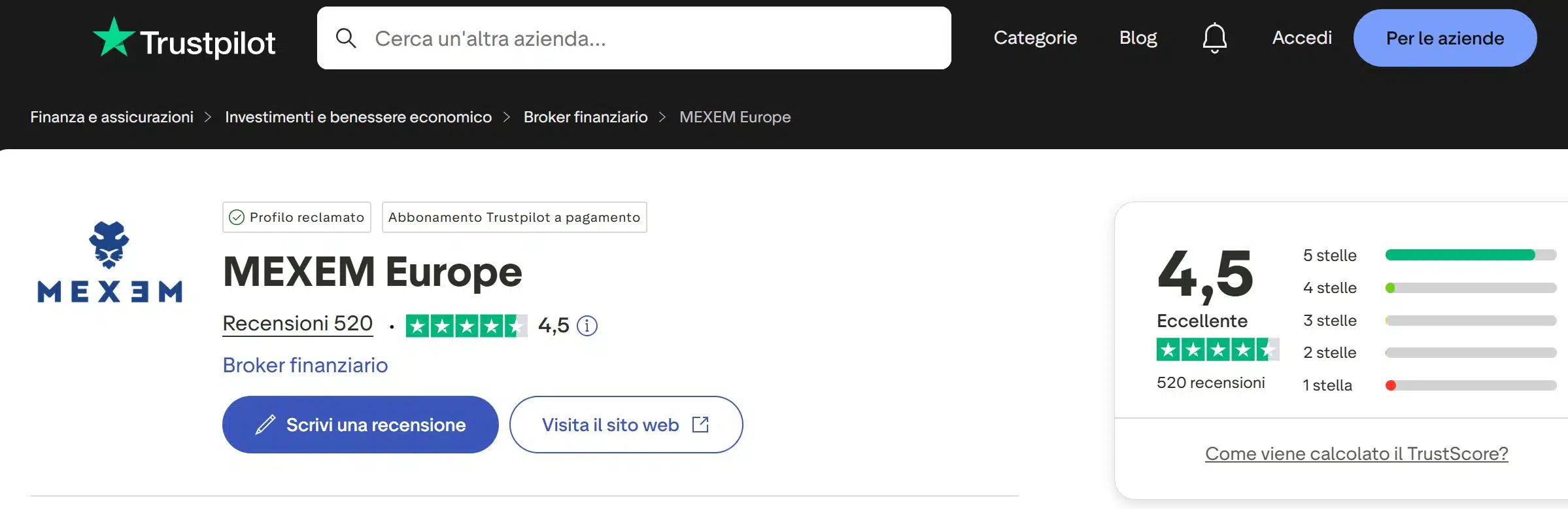 MEXEM su TrustPilot - recensioni positive e negative