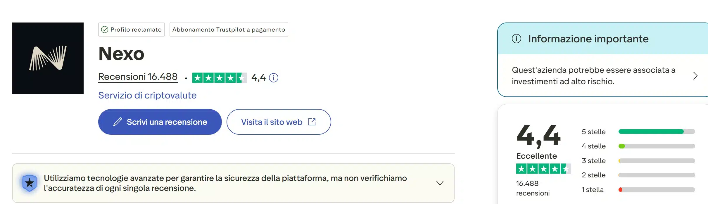 Nexo su TrustPilot - recensioni positive e negative