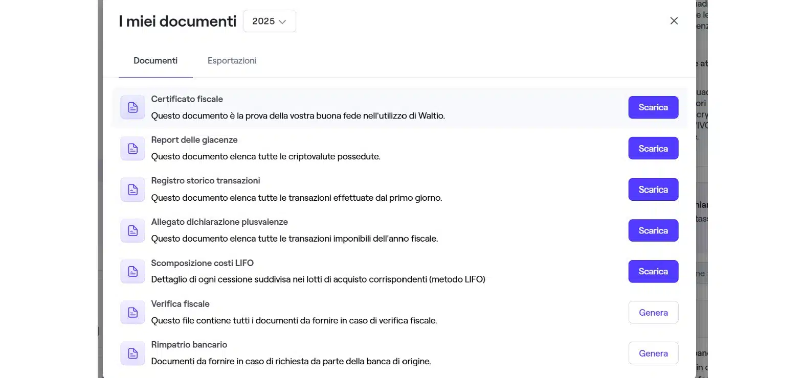 Documenti e report di Waltio per la dichiarazione fiscale crypto