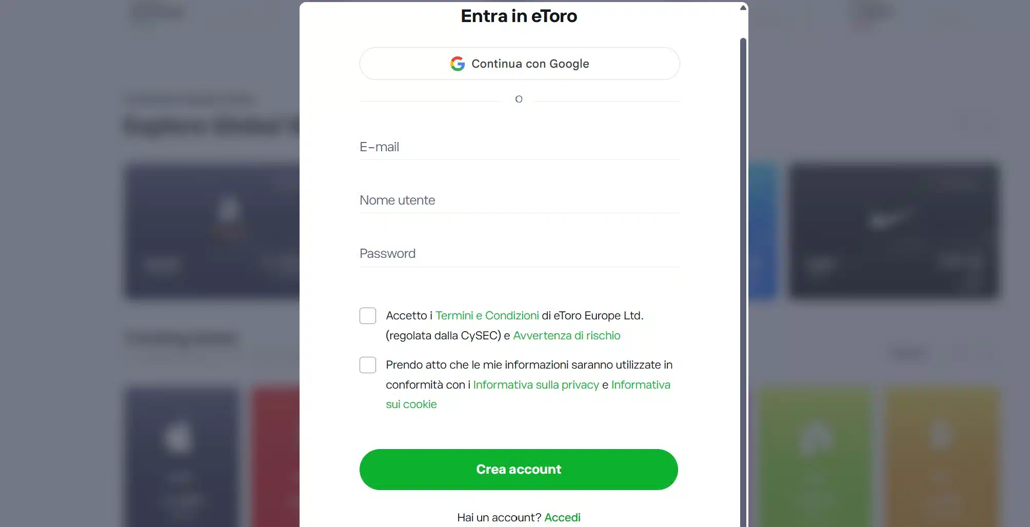 eToro Trading 24/7 - registrazione