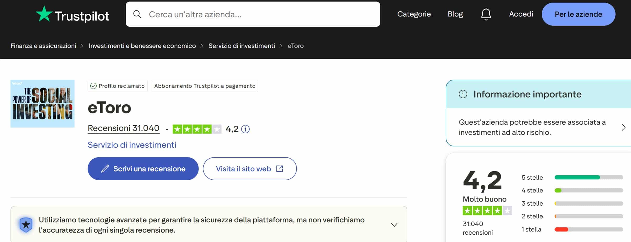 eToro su TrustPilot - Opinioni e recensioni (positive e negative)