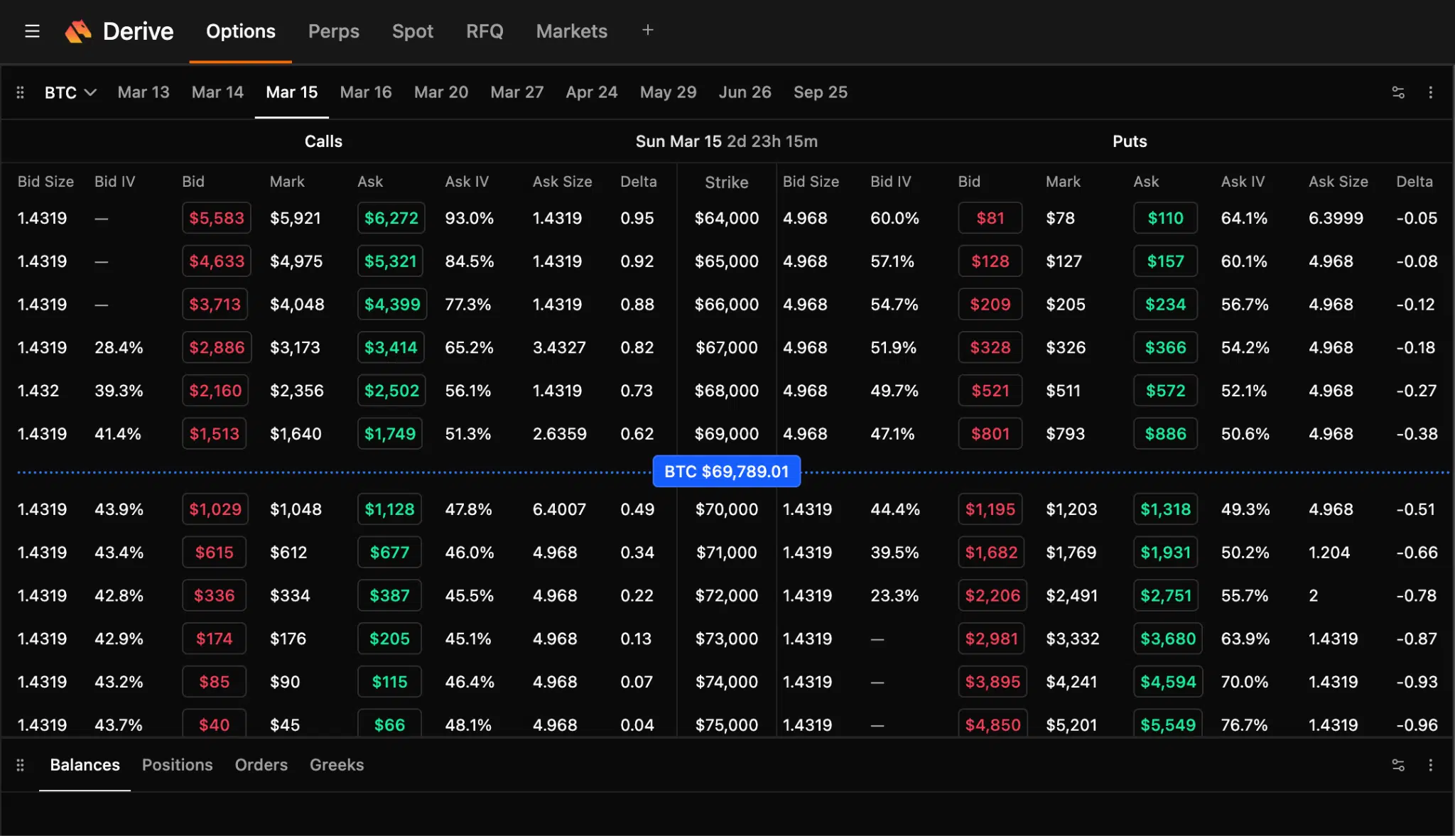 Derive interfaccia opzioni