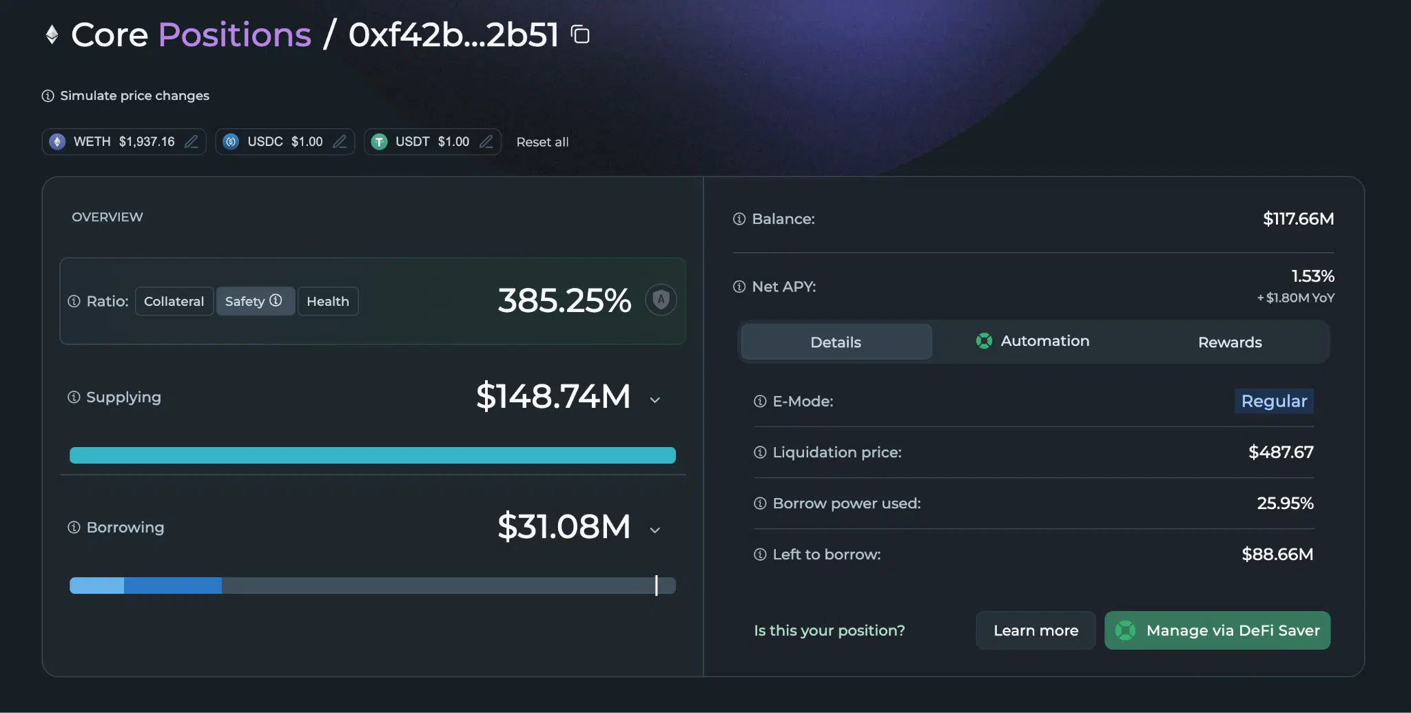 Posizione whale ETH su Aave