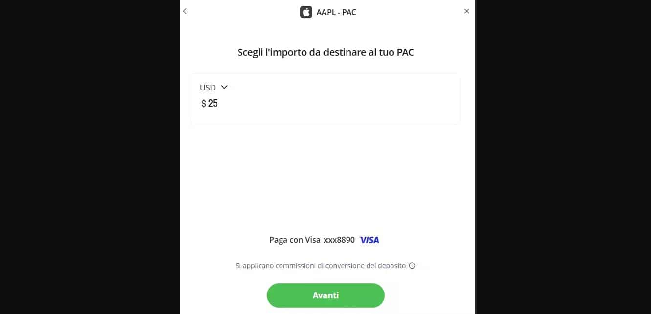 Scelta dell'importo per l'eToro PAC