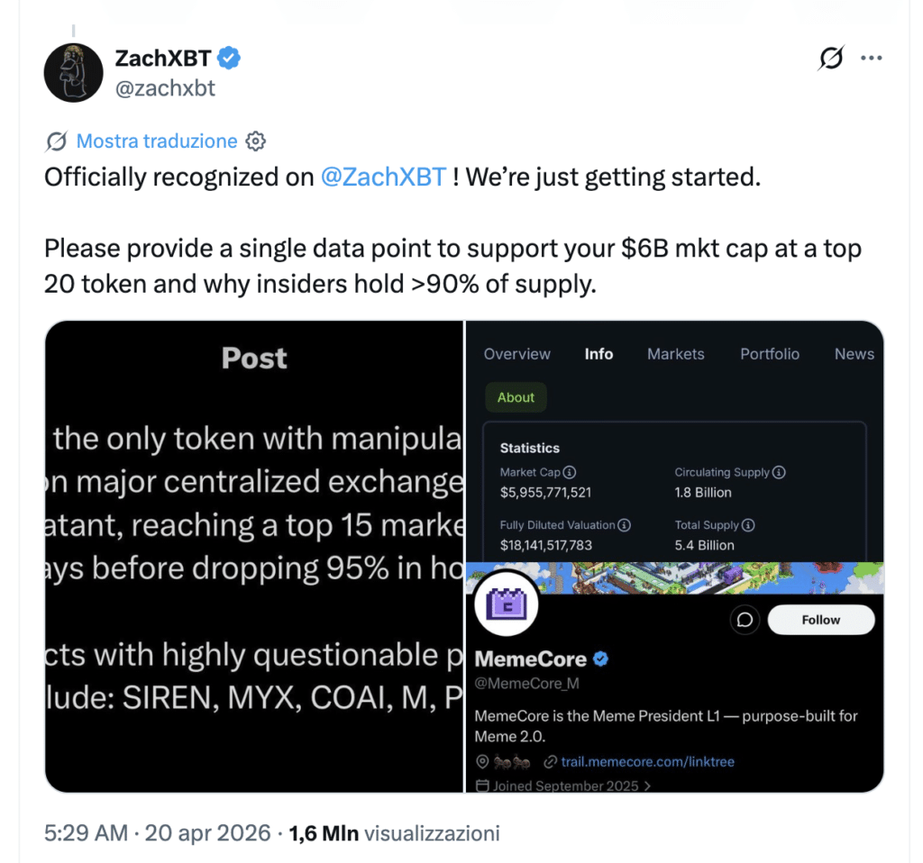 ZachXBT versus MemeCore on X