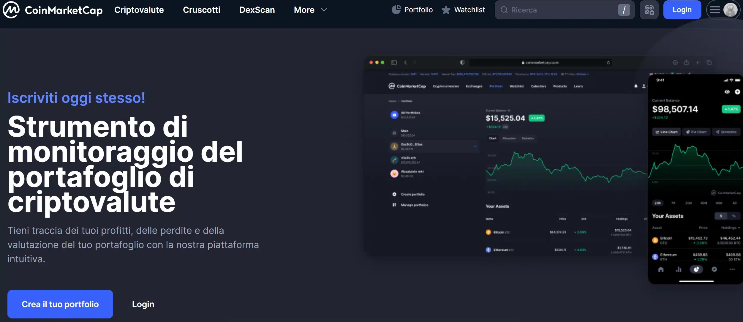 CoinMarketCap - tracker portafoglio criptovalute