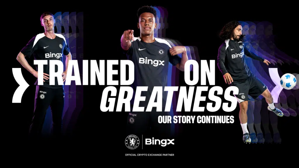 Logo BingX sull'abbigliamento da allenamento del Chelsea FC — stagione 2026/27