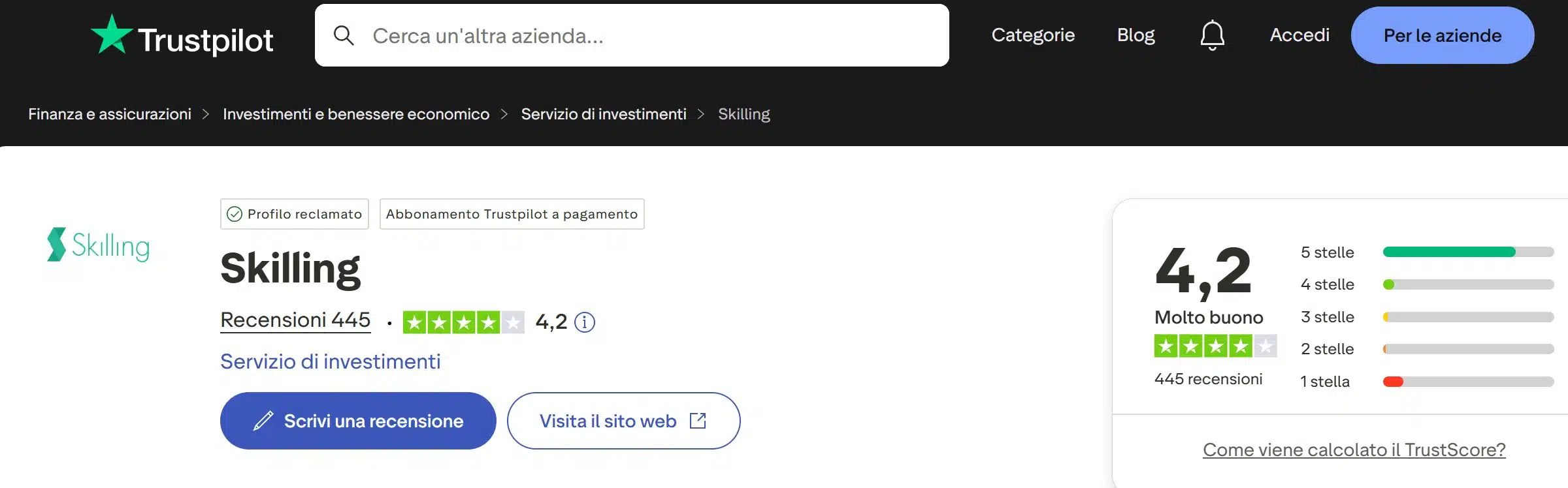 Skilling su TrustPilot - recensioni positive e negative