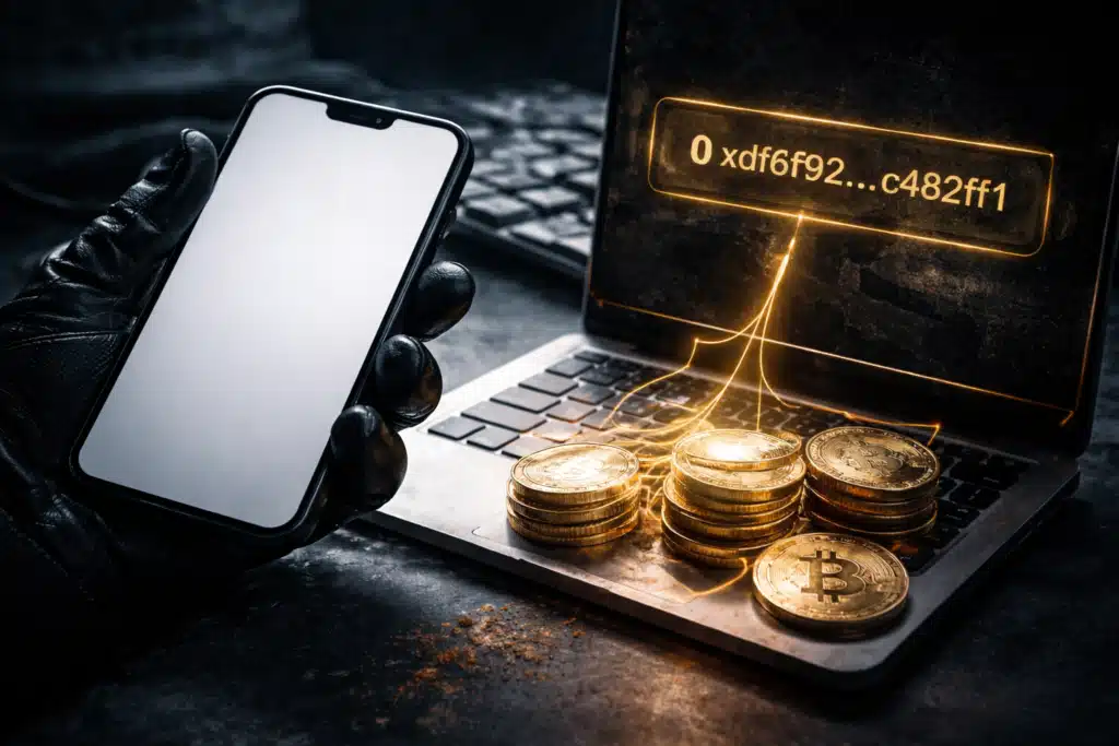Schermata di smartphone con notifica di allerta su tentativo di truffa crypto