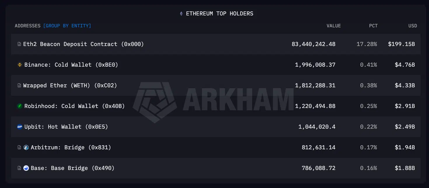 Ethereum top holder singoli