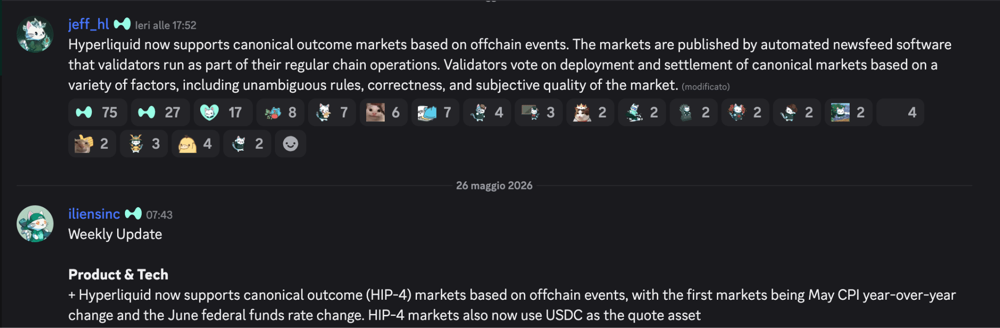 Hyperliquid annuncio validatori outcome markets