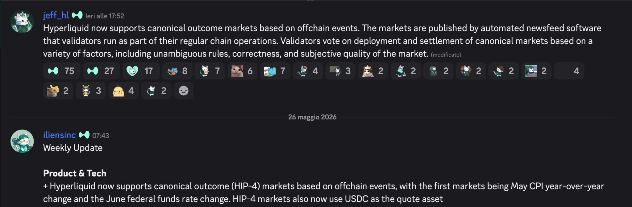 Hyperliquid annuncio validatori outcome markets