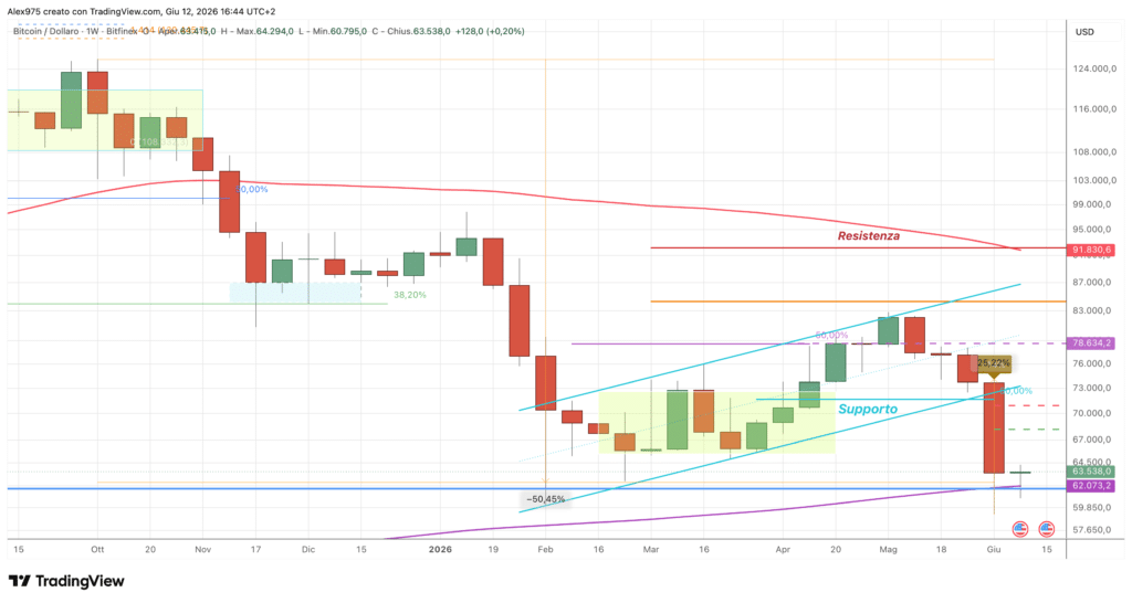 Bitcoin BTC weekly 13 giugno 2026