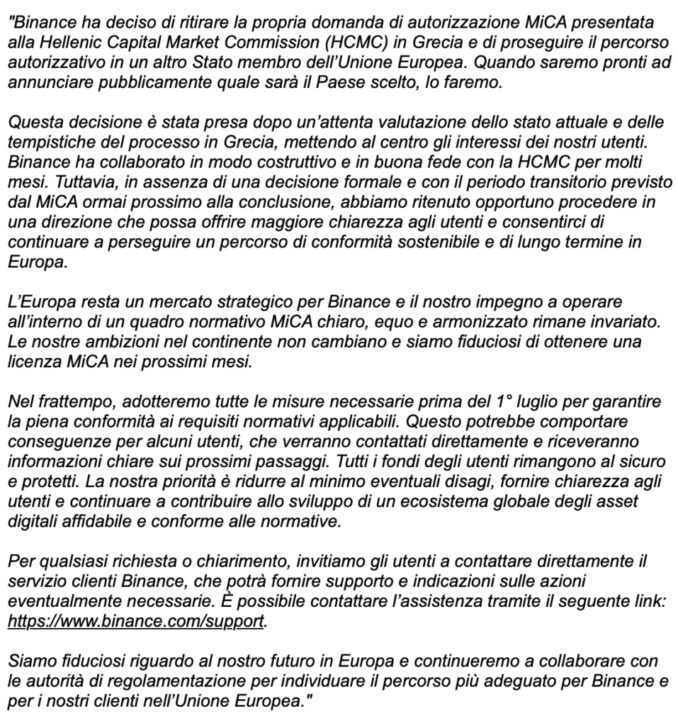 comunicato stampa binance