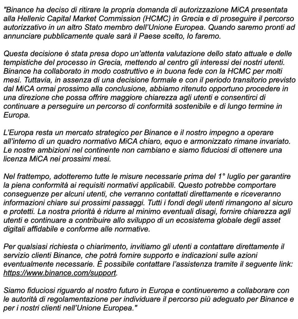 comunicato stampa binance