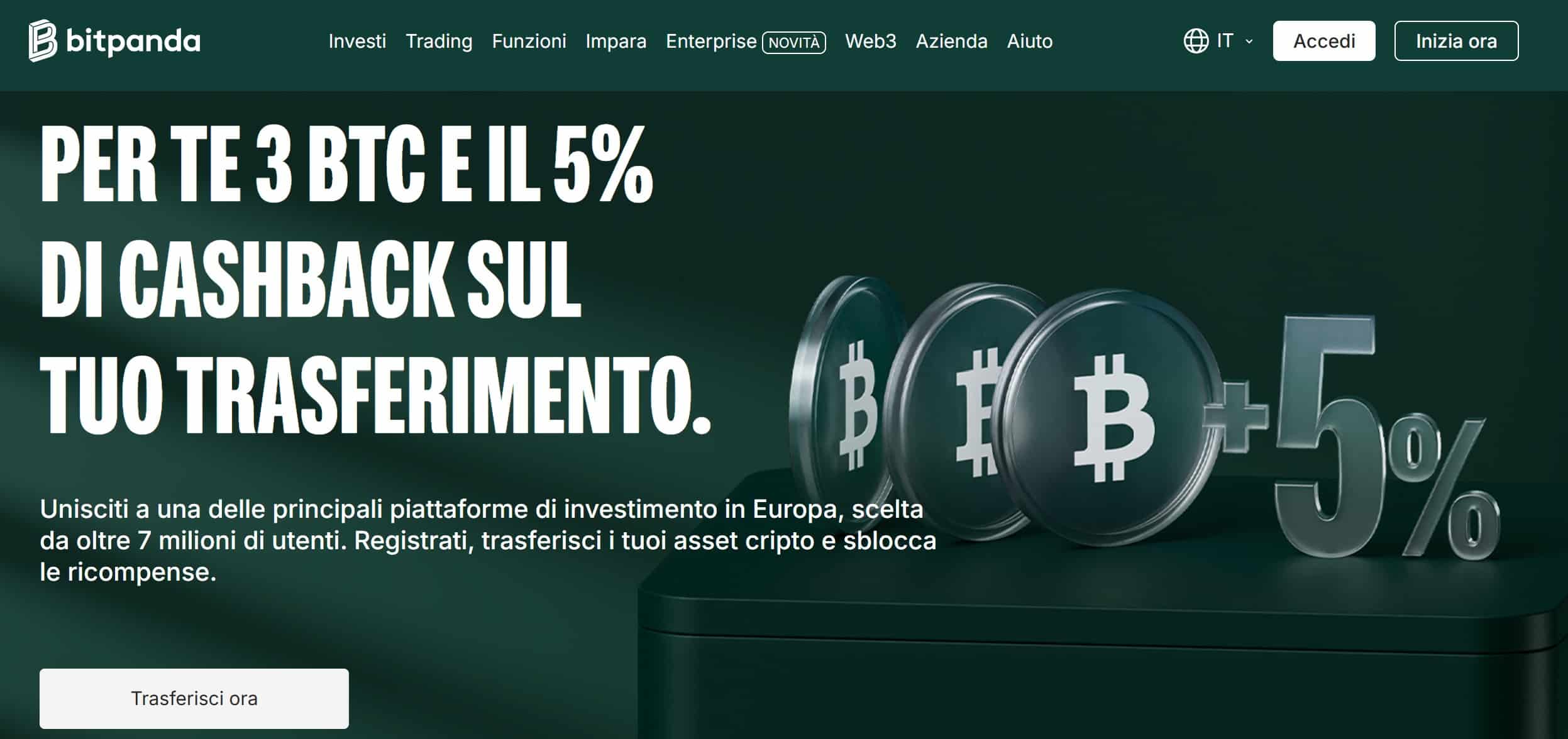Bitpanda: Bonus, 5% di Cashback e 3 BTC in palio | Passa all’Exchange MiCAR Compliant