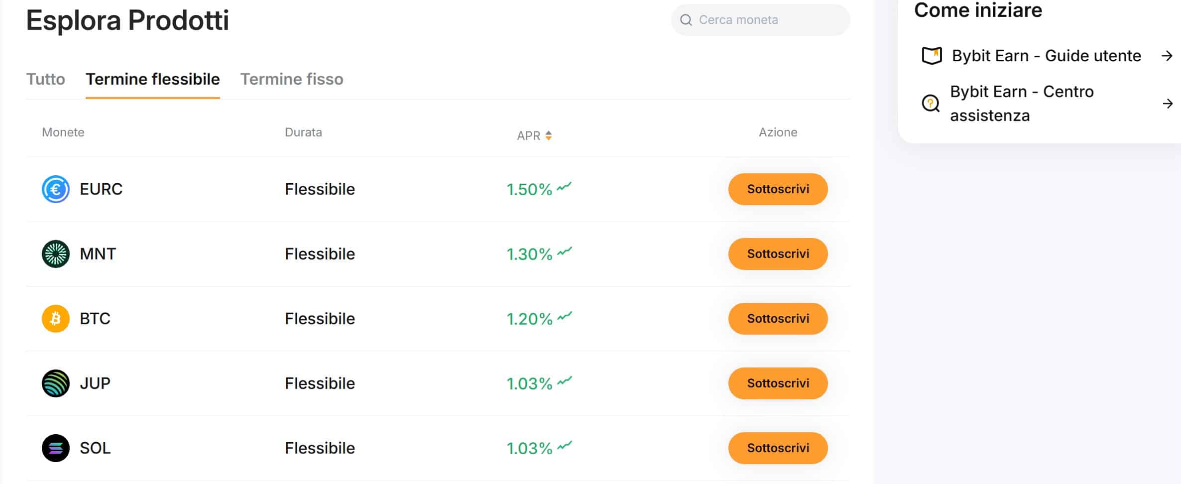 Bybit Flexible Earn - scelta asset