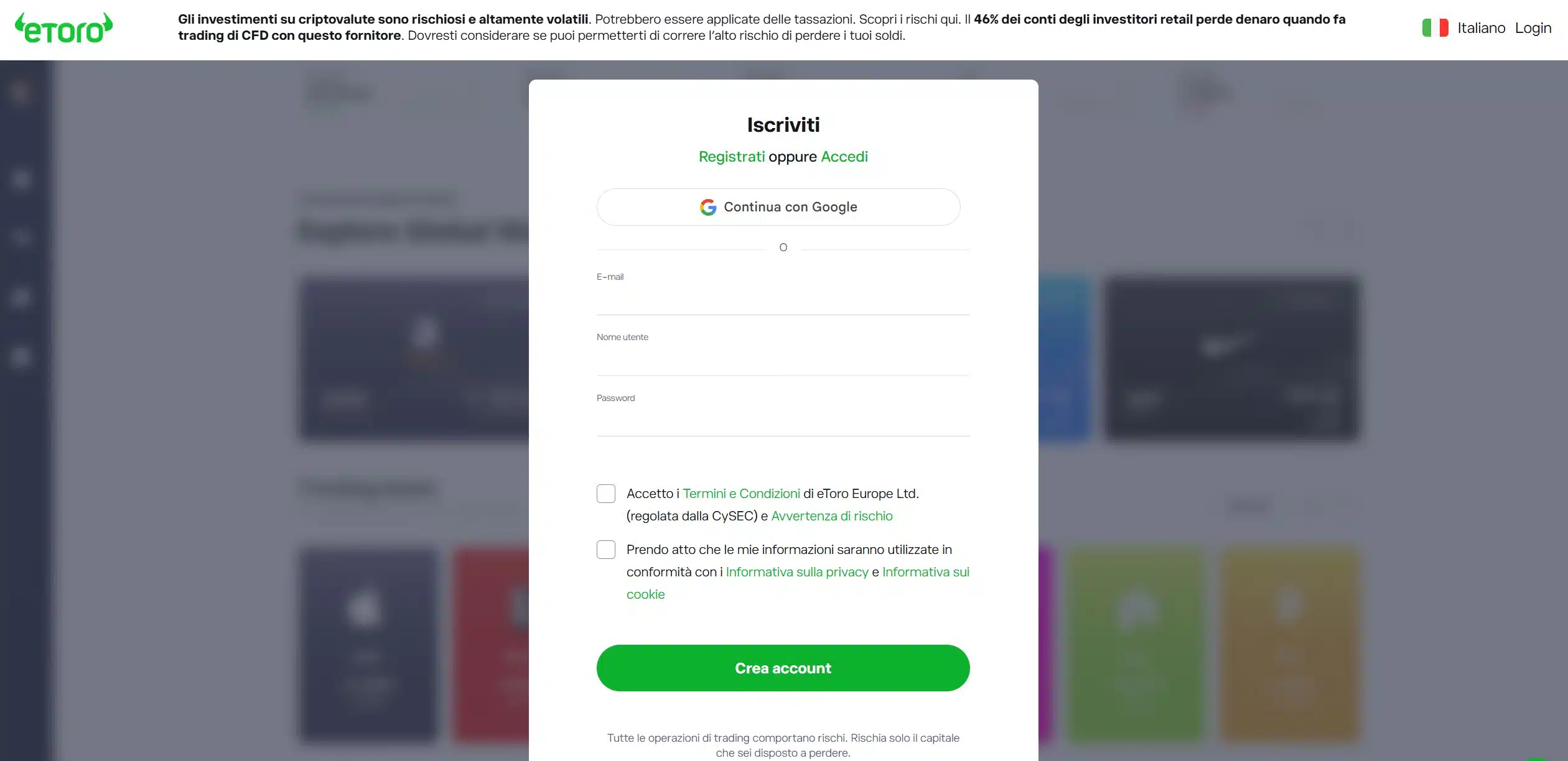 eToro - interessi sul saldo (registrazione)