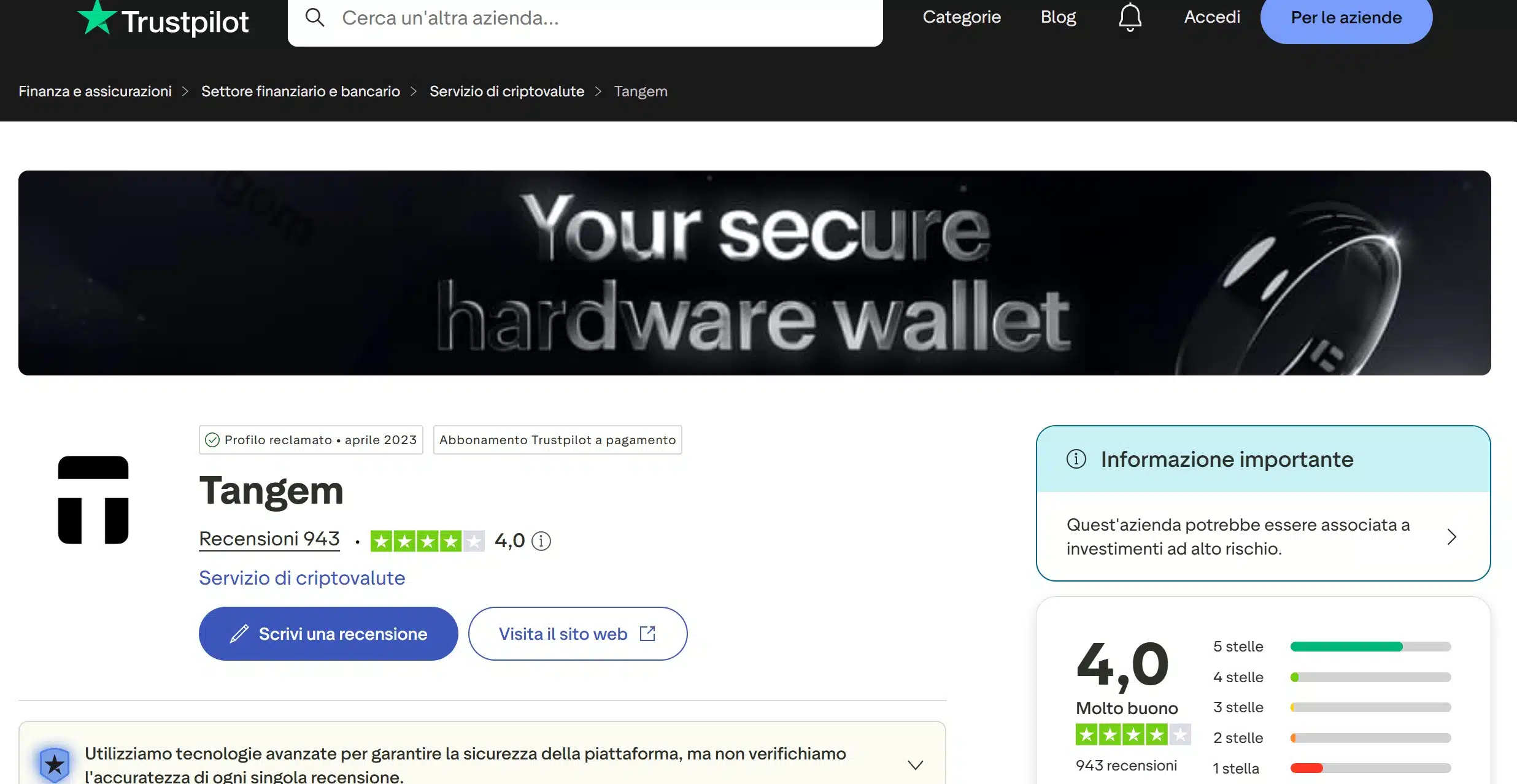 Tangem Wallet su TrustPilot - recensioni positive e negative